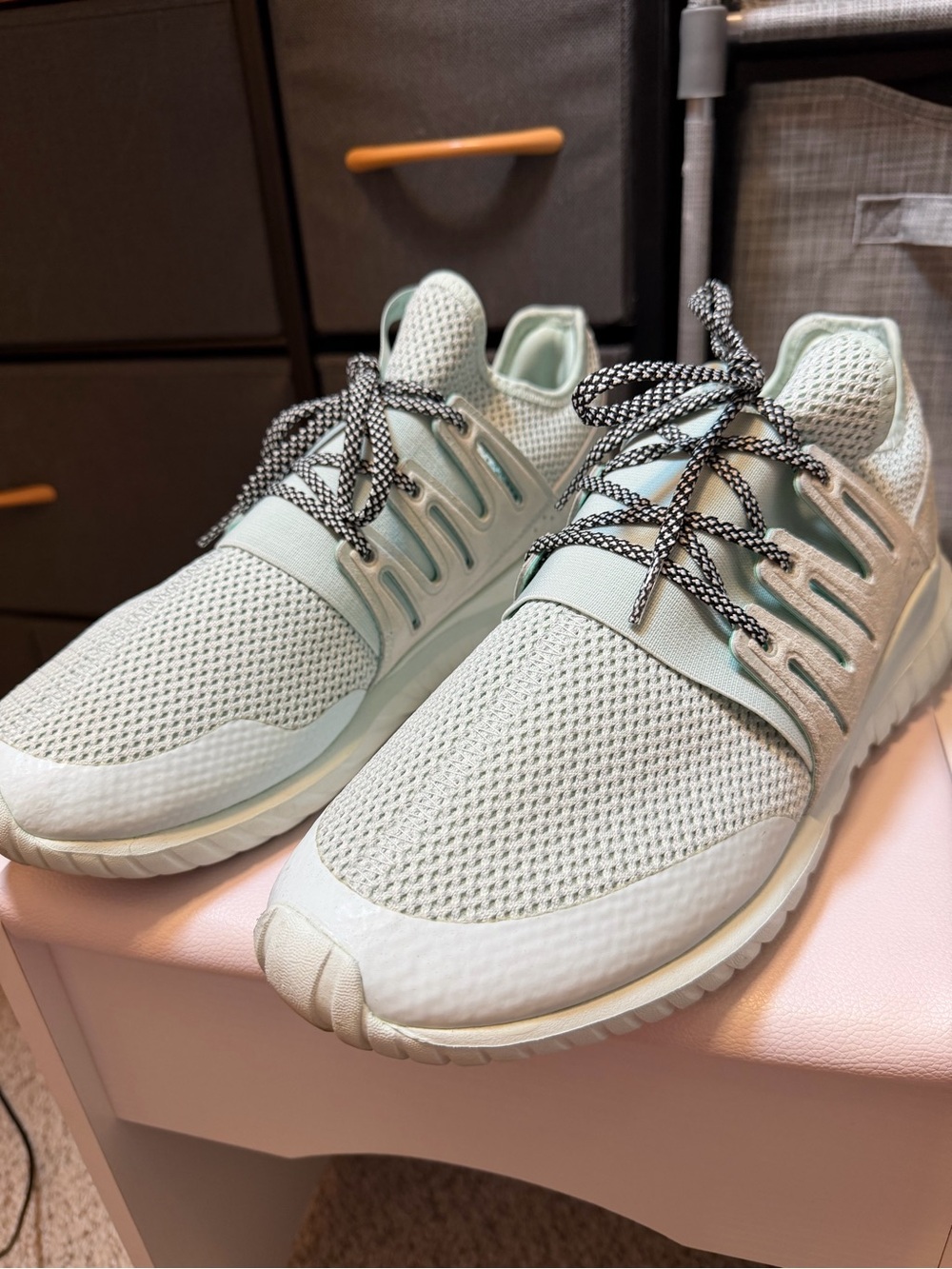 adidas men’s Mint Green Knit Sneakers with Black-White Laces